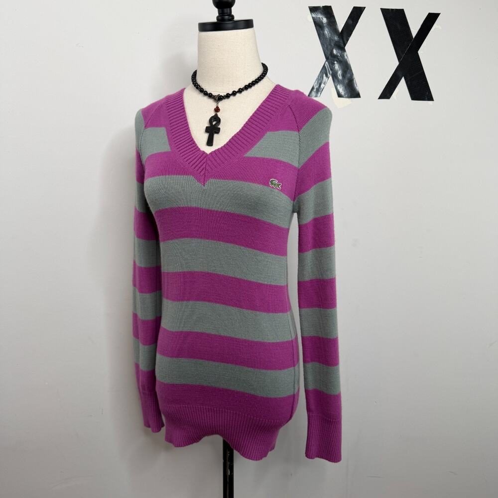 Y2K Lacoste Fuchsia Gray Wide Stripe V Neck Tunic Sweater Made in France 6